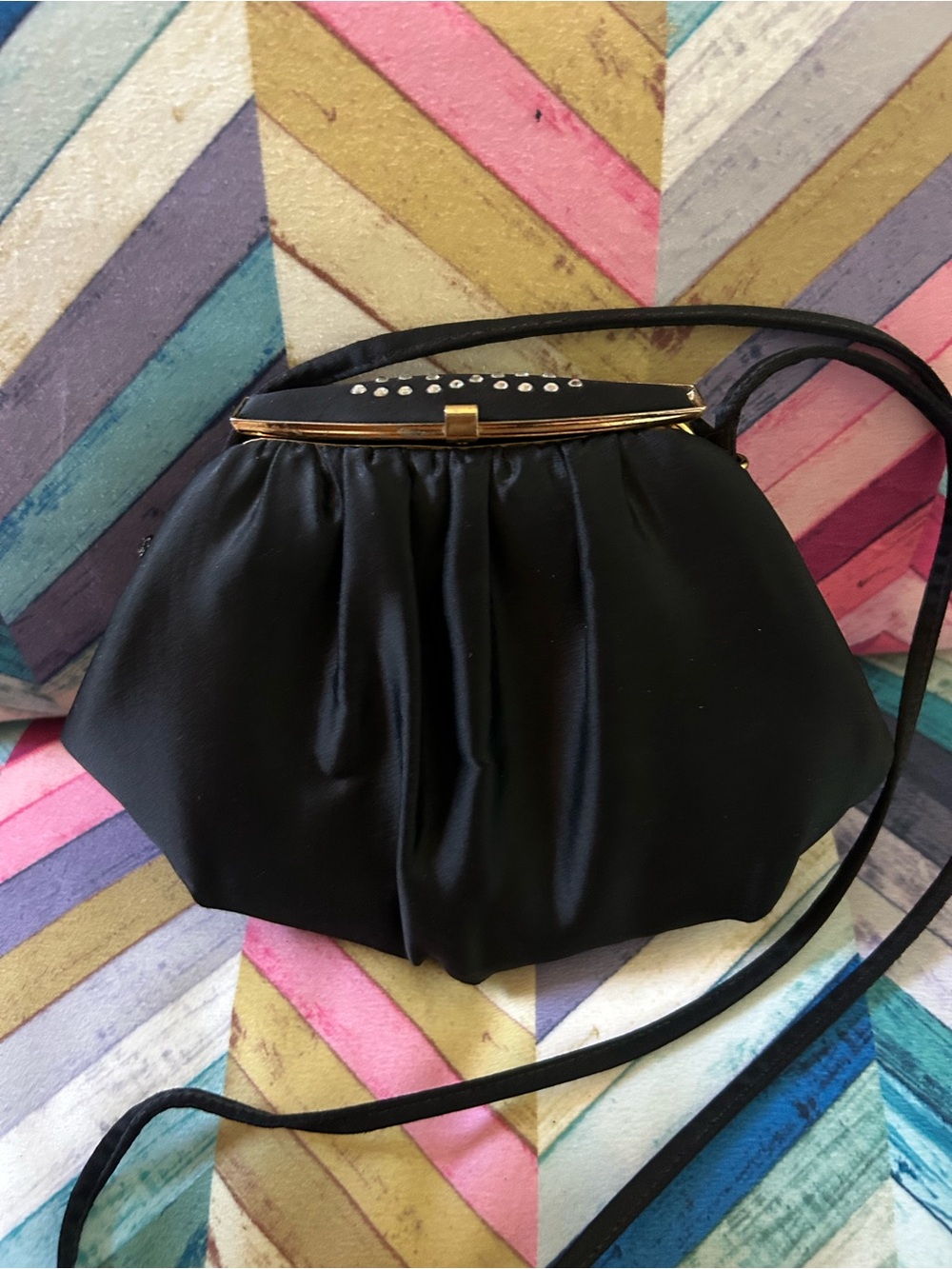 Black Satin Kiss Lock Evening Bag Rhinestone Clasp Crossbody Clutch Purse